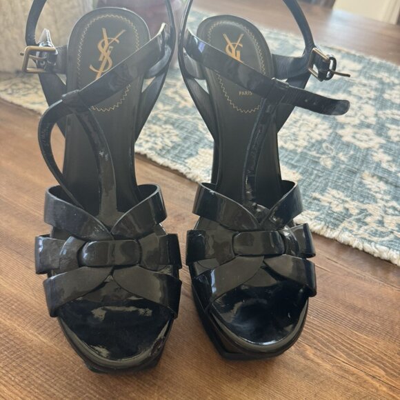 Yves Saint Laurent YSL Tribute Platform Sandals 40.5 Black Patent - Picture 2 of 10